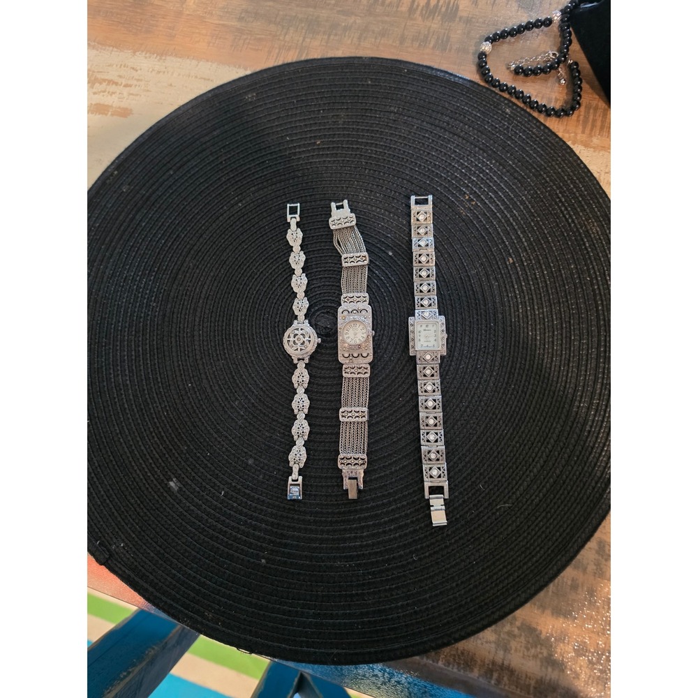 Vintage Geneva EKO Silver Tone Marcasite Style Dress Watch Bundle Set of 3
